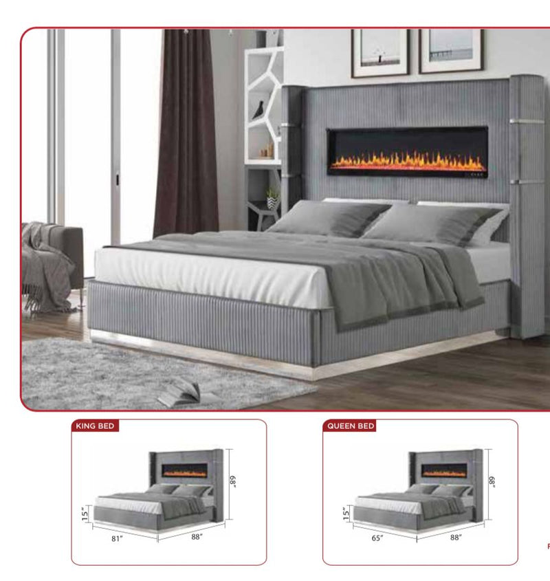 Maeve Bed with Fireplace Headboard - Queen/King - Grey - The Fine Furniture