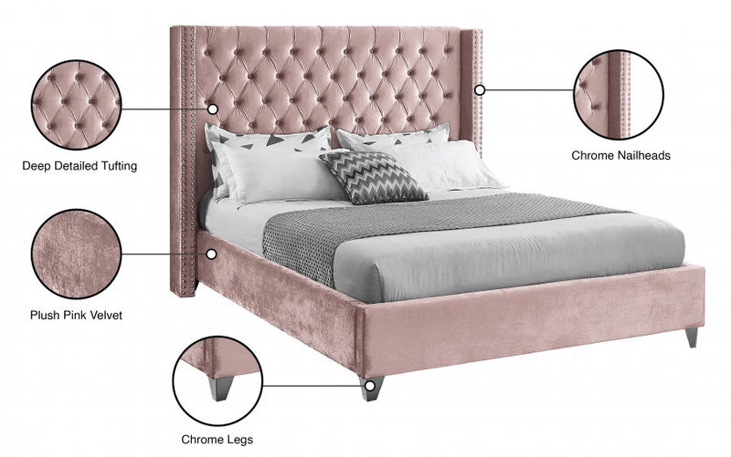 Hadleigh Bed Frame - Pink Velvet - Single/Double/Queen/King