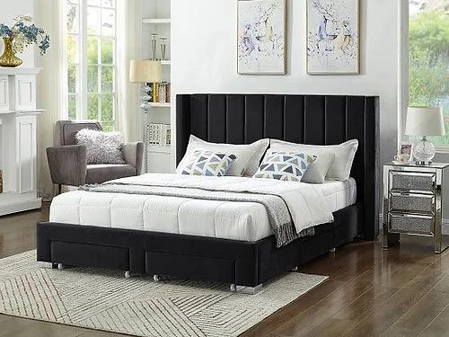 Isabella Bed Frame - Black Velvet Fabric - Queen/King - The Fine Furniture