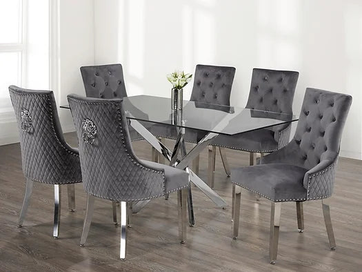 Arthur 7pc Dining table set - Grey Velvet - The Fine Furniture