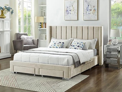 Isabella Bed Frame - Creme Velvet Fabric - Queen/King - The Fine Furniture